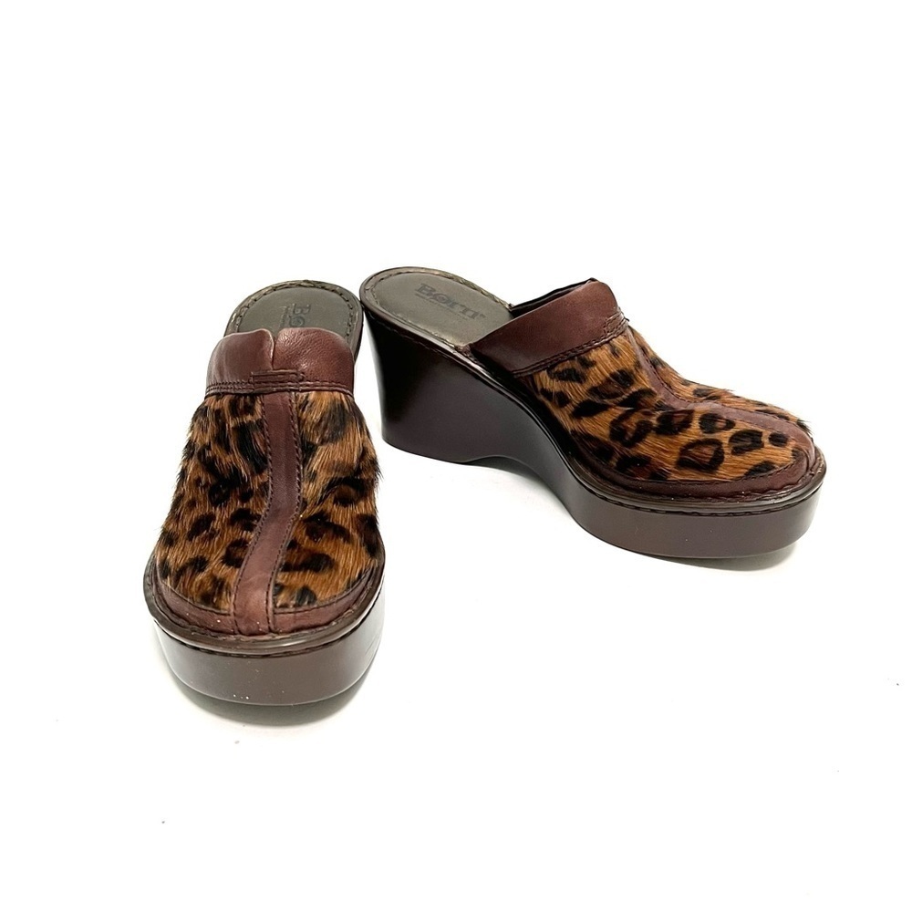 Vintage 1990s brown leather leopard print pony hair platform wedge mule clogs - Picture 4 of 8